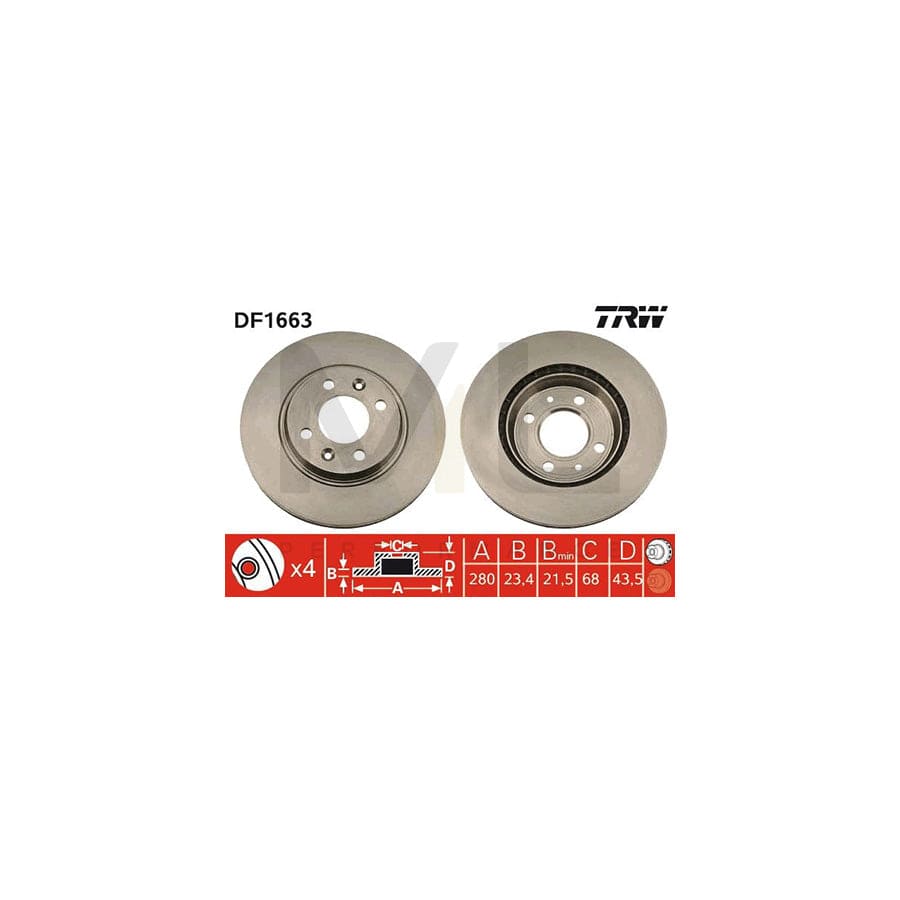 TRW DF1663 Brake Disc Vented, Painted, with bolts/screws - 1 piece