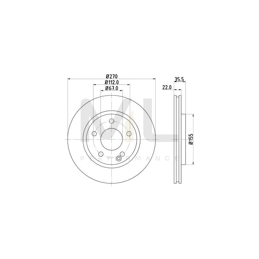HELLA PRO High Carbon 8DD 355 128-161 Brake Disc suitable for MERCEDES-BENZ Vaneo (W414) Internally Vented, Coated, High-carbon, without wheel hub, without wheel studs | ML Performance Car Parts
