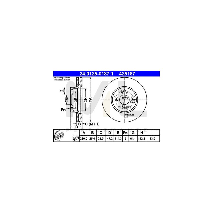 ATE 24.0125-0187.1 Brake Disc for HONDA ACCORD Vented, Coated - 1 piece