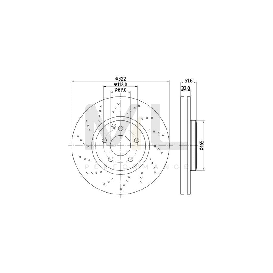 HELLA PRO High Carbon 8DD 355 122-911 Brake Disc suitable for MERCEDES-BENZ CLS Internally Vented, Perforated, Coated, High-carbon, without wheel hub, without wheel studs | ML Performance Car Parts