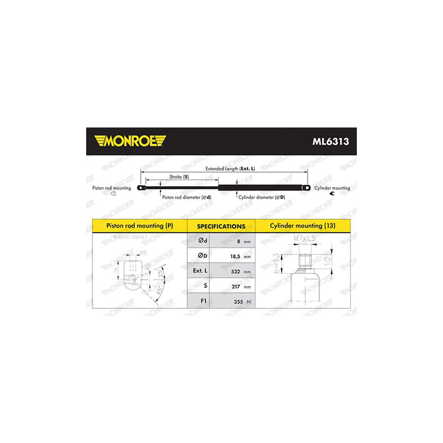 Monroe Ml6313 Bonnet Strut Suitable for Mercedes-Benz Gl (X164)