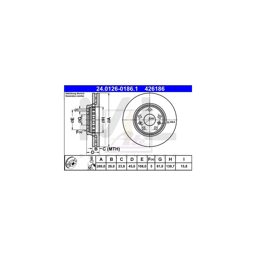 ATE 24.0126-0186.1 Brake Disc for RENAULT KANGOO Vented, Coated, High-carbon, with bolts/screws - 1 piece