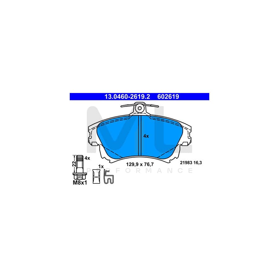 ATE 13.0460-2619.2 Brake pad set with acoustic wear warning, with brake caliper screws