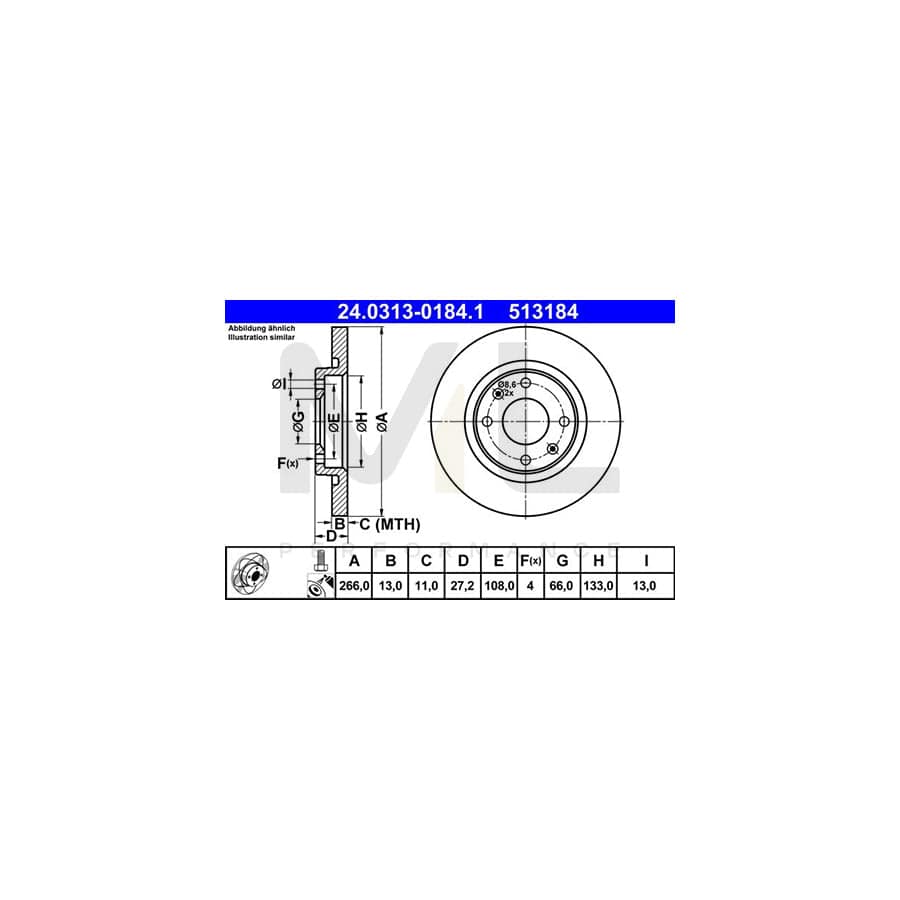 ATE PowerDisc 24.0313-0184.1 Brake Disc Solid, Coated, with bolts/screws - 1 piece