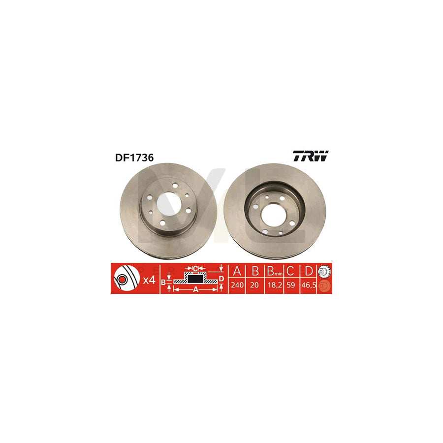 TRW DF1736 Brake Disc for FIAT Uno Hatchback (146) Vented - 1 piece