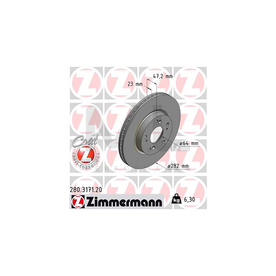 ZIMMERMANN COAT Z 280.3171.20 Brake Disc Internally Vented, Coated - 1 piece