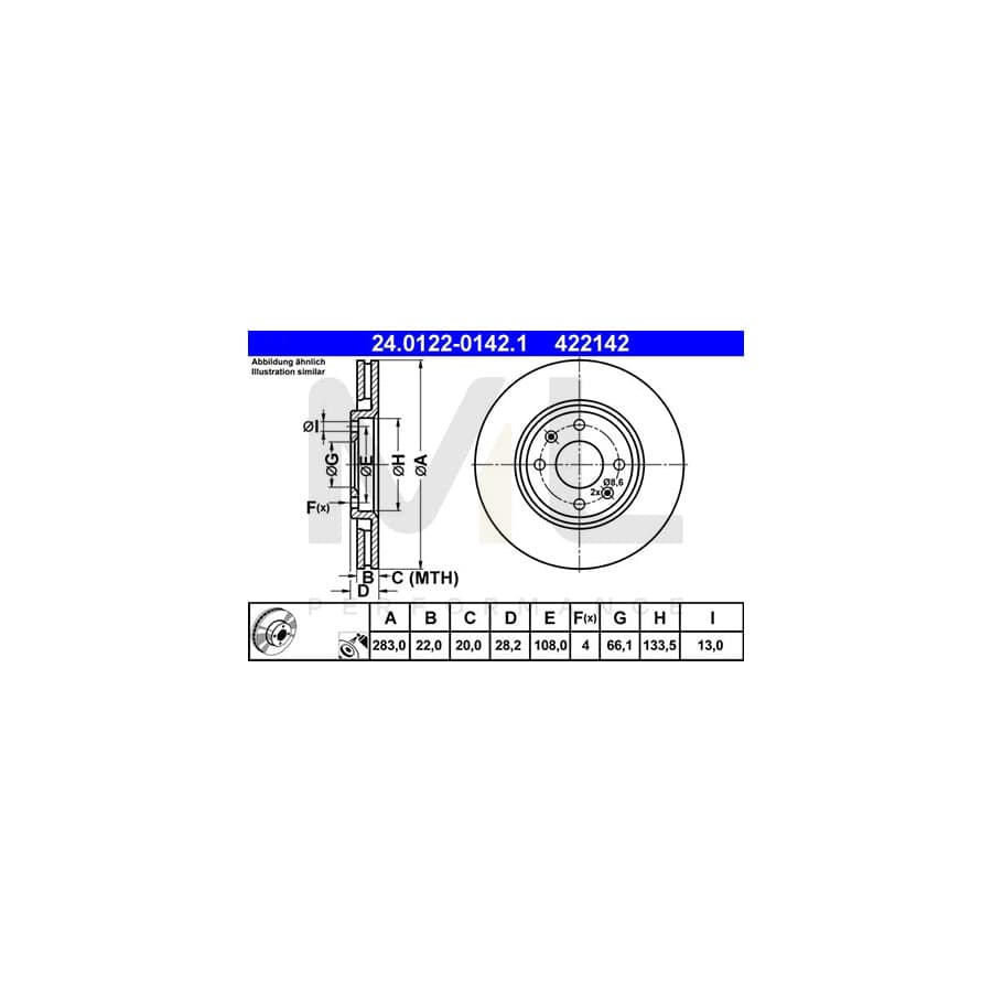 ATE 24.0122-0142.1 Brake Disc Vented, Coated, Alloyed / High-carbon - 1 piece