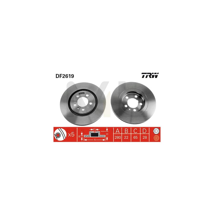 TRW DF2619 Brake Disc Vented, Painted, with bolts/screws - 1 piece