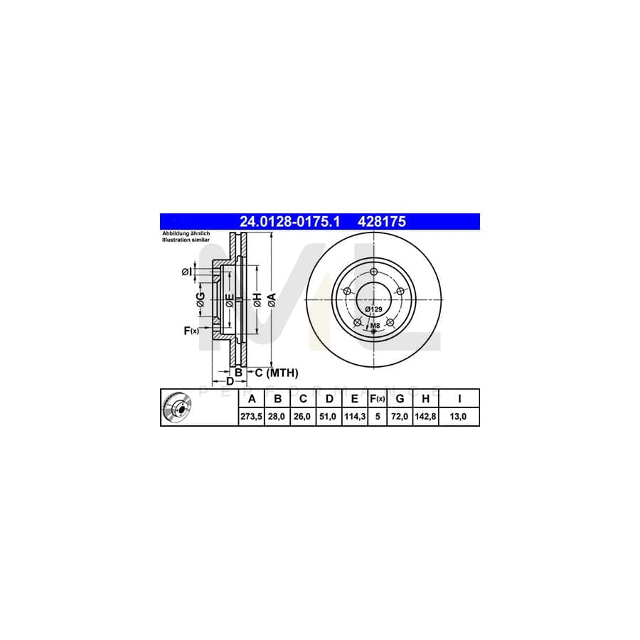 ATE 24.0128-0175.1 Brake Disc Vented - 1 piece