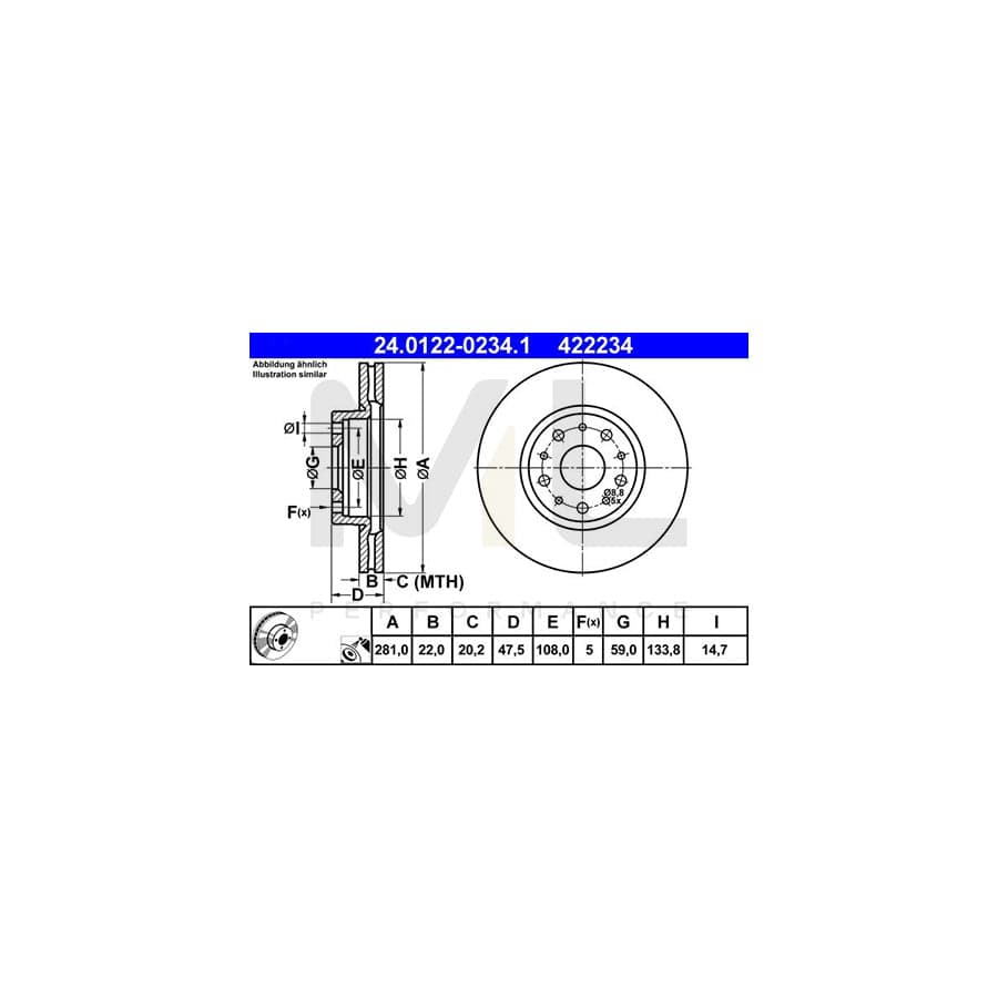 ATE 24.0122-0234.1 Brake Disc for LANCIA Thesis (841) Vented, Coated - 1 piece