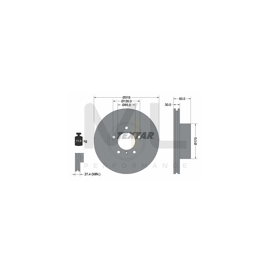 TEXTAR PRO 92113403 Brake Disc Internally Vented, Coated, without wheel hub, without wheel studs - 1 piece