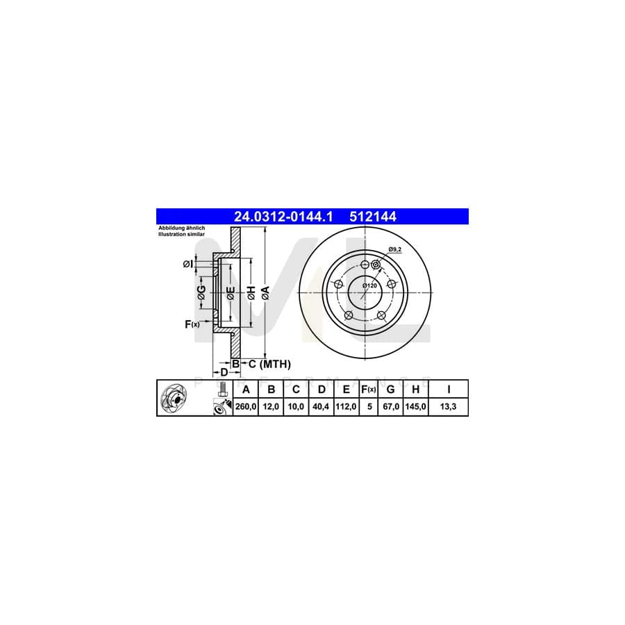 ATE PowerDisc 24.0312-0144.1 Brake Disc suitable for MERCEDES-BENZ A-Class (W168) Solid, Coated, Alloyed / High-carbon, with bolts/screws - 1 piece