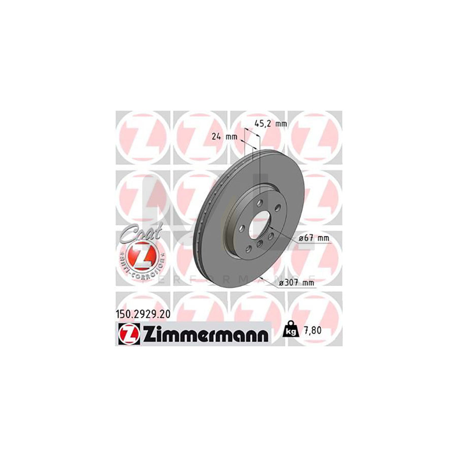 ZIMMERMANN 150.2929.20 Brake Disc Internally Vented, Coated, High-carbon - 1 piece
