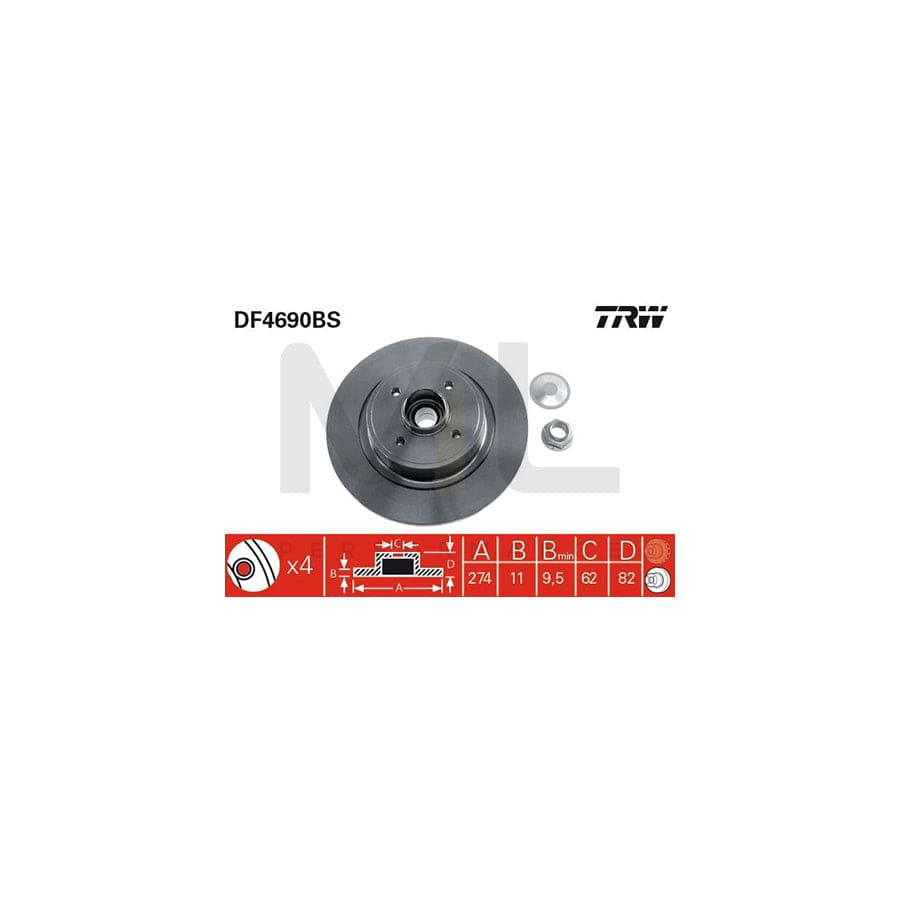 TRW DF4690BS Brake Disc Solid, with ABS sensor ring, with wheel bearing - 1 piece