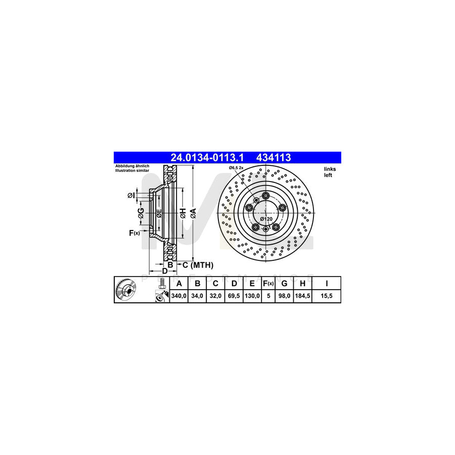 ATE 24.0134-0113.1 Brake Disc Perforated / Vented, Coated, Alloyed / High-carbon, with bolts/screws