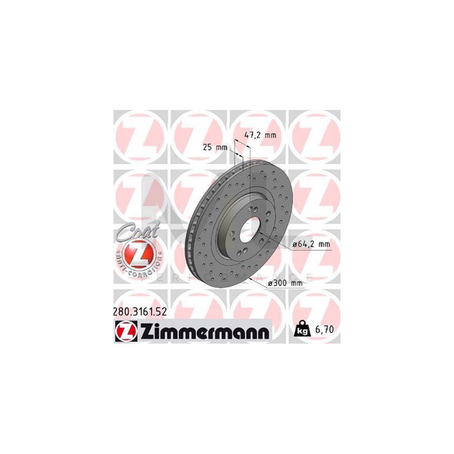 ZIMMERMANN SPORT COAT Z 280.3161.52 Brake Disc for HONDA Civic VII Hatchback (EU, EP, EV) Internally Vented, Perforated, Coated - 1 piece