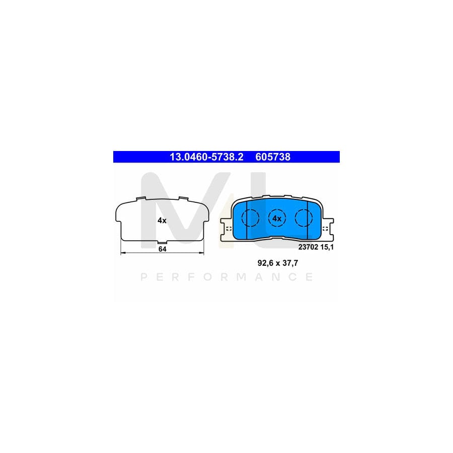 ATE 13.0460-5738.2 Brake pad set excl. wear warning contact, not prepared for wear indicator, with anti-squeak plate