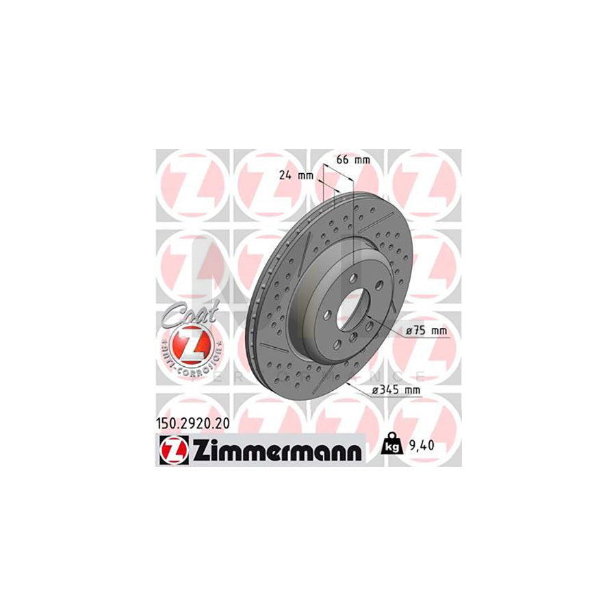 ZIMMERMANN COAT Z 150.2920.20 Brake Disc Drilled dimples, Internally Vented, Slotted, Coated, High-carbon - 1 piece