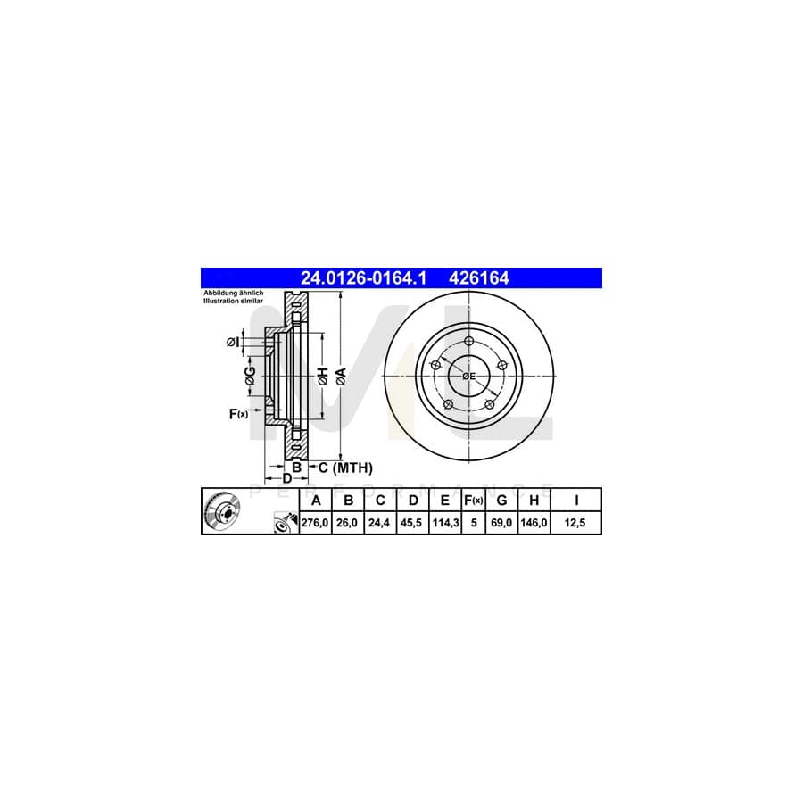 ATE 24.0126-0164.1 Brake Disc for MITSUBISHI LANCER Vented, Coated - 1 piece