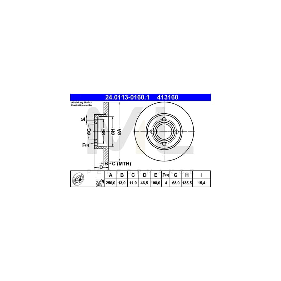 ATE 24.0113-0160.1 Brake Disc Solid, Coated - 1 piece