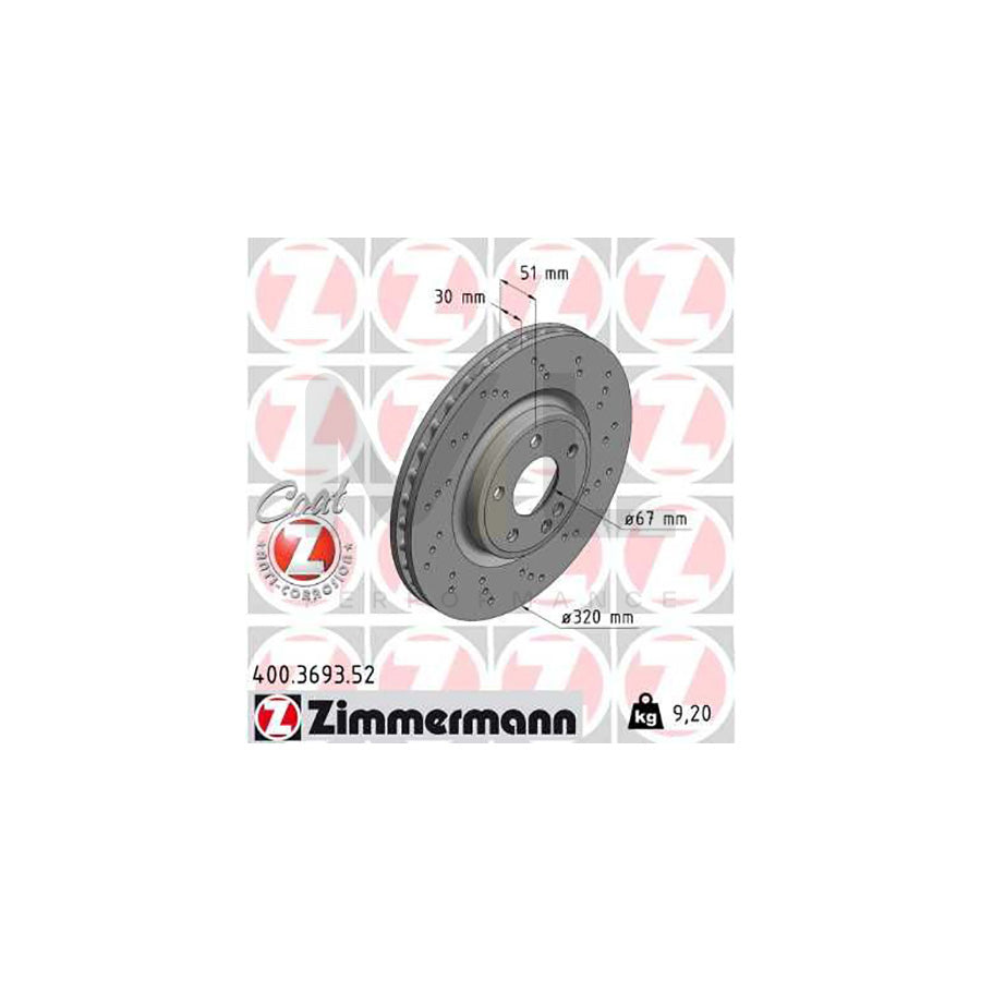 ZIMMERMANN 400.3693.52 Brake Disc Internally Vented, Perforated, Coated, High-carbon - 1 piece