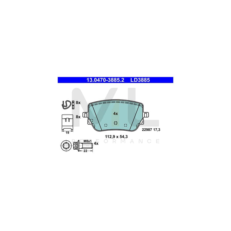 ATE 13.0470-3885.2 Brake pad set excl. wear warning contact, not prepared for wear indicator, with brake caliper screws, with accessories