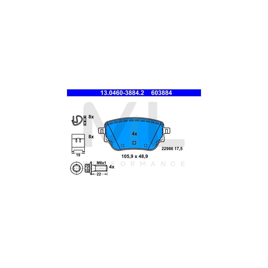 ATE 13.0460-3884.2 Brake pad set excl. wear warning contact, not prepared for wear indicator, with brake caliper screws, with accessories