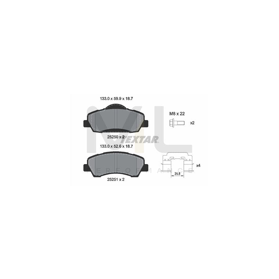 TEXTAR 2525004 Brake pad set for PEUGEOT 308 not prepared for wear indicator, with brake caliper screws, with accessories