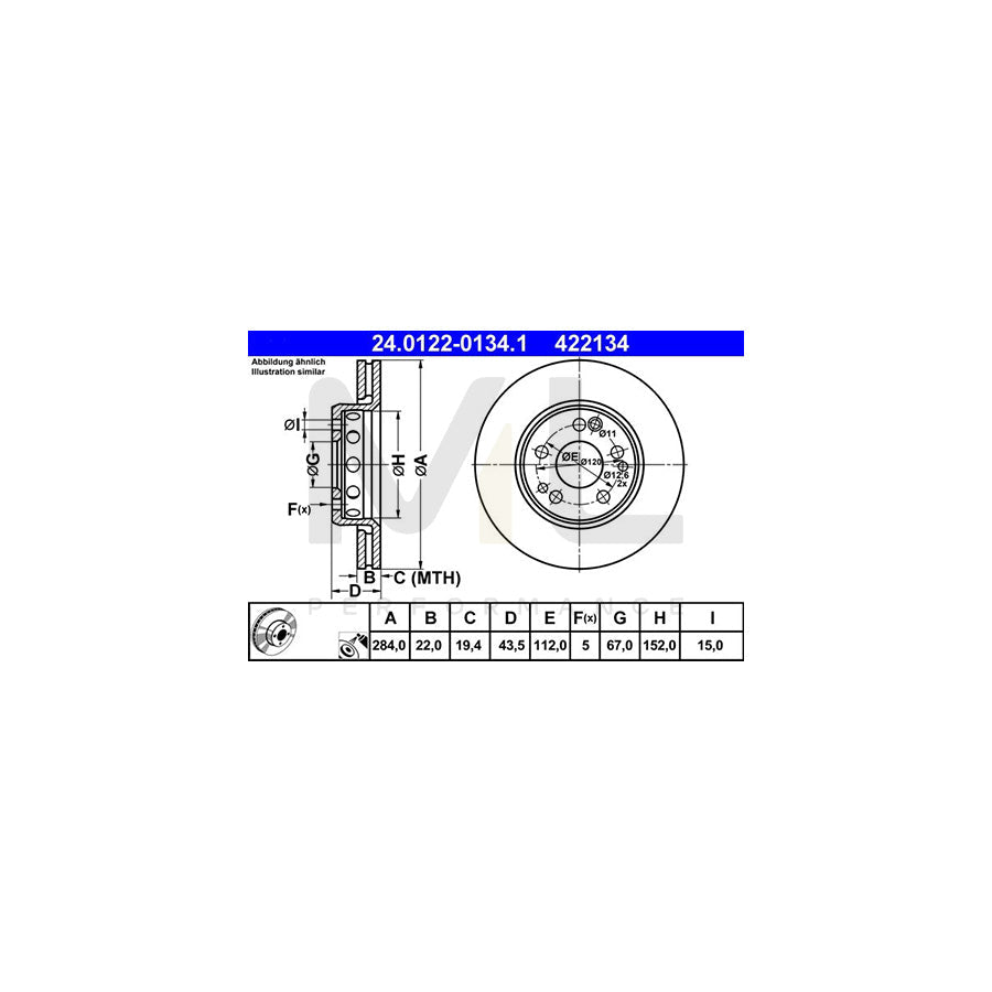 ATE 24.0122-0134.1 Brake Disc Vented, Coated, Alloyed / High-carbon - 1 piece
