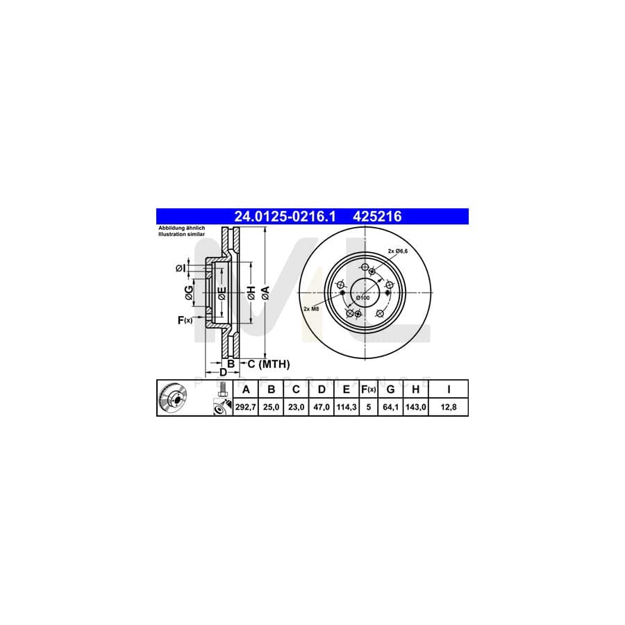ATE 24.0125-0216.1 Brake Disc for HONDA CIVIC Vented, Coated, Alloyed / High-carbon - 1 piece