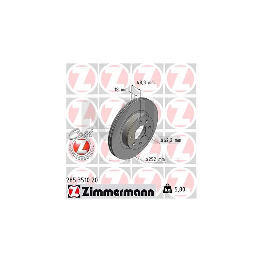 ZIMMERMANN COAT Z 285.3510.20 Brake Disc Internally Vented, Coated - 1 piece