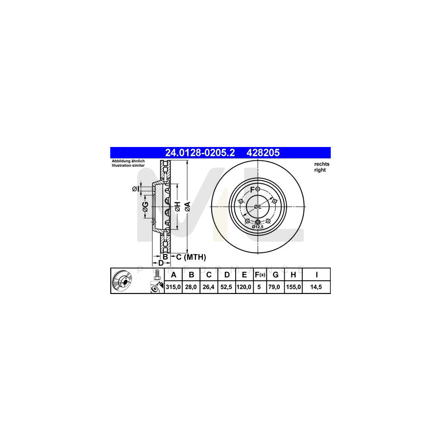 ATE 24.0128-0205.2 Brake Disc Two-piece brake disc, Vented, Coated, High-carbon, with bolts/screws