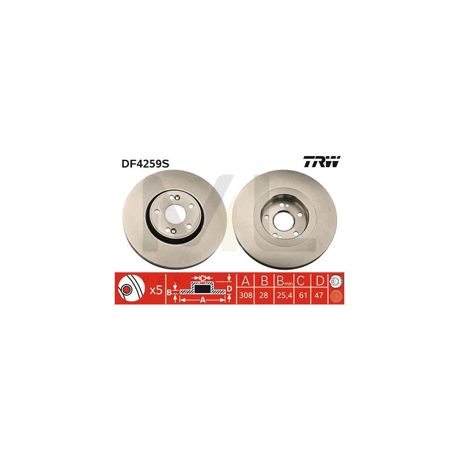 TRW DF4259S Brake Disc for RENAULT LAGUNA Vented, Painted - 1 piece