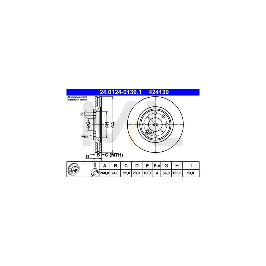 ATE 24.0124-0139.1 Brake Disc for PEUGEOT 406 Vented, Coated, with bolts/screws - 1 piece