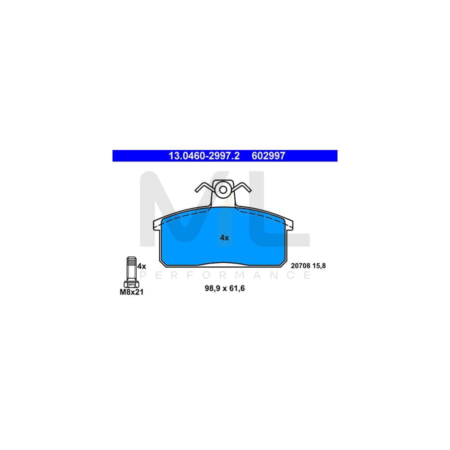 ATE 13.0460-2997.2 Brake pad set excl. wear warning contact, prepared for wear indicator, with brake caliper screws
