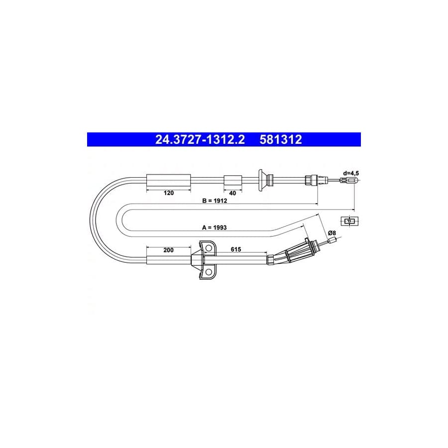 ATE 24.3727-1312.2 Hand Brake Cable for Volvo S80 I (Ts, 184)