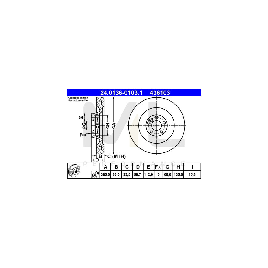 ATE 24.0136-0103.1 Brake Disc for AUDI A8 D3 (4E2, 4E8) Vented, Coated, High-carbon - 1 piece