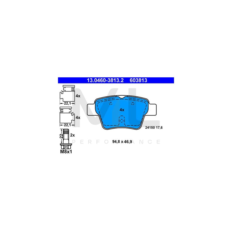 ATE 13.0460-3813.2 Brake pad set excl. wear warning contact, not prepared for wear indicator, with brake caliper screws, with accessories