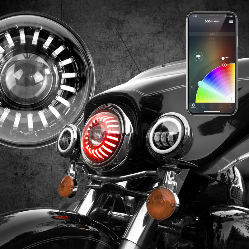 XKGLOW XK Glow 7In RGB LED Harley Headlight XKchrome Bluetooth App Controlled Kit