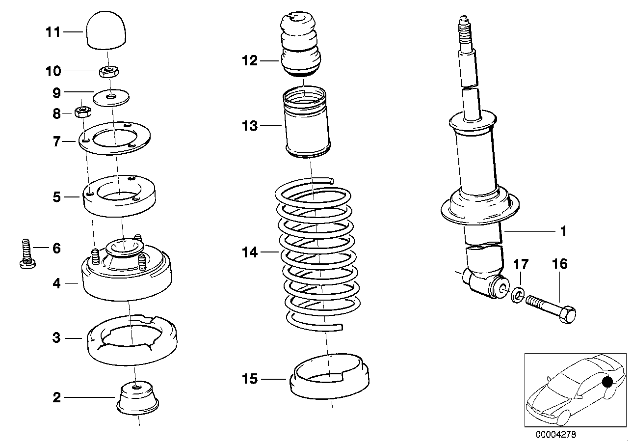 Genuine BMW 33521131395 E32 Spring Strut, Rear (Inc. 740i, 730i & 735iL)