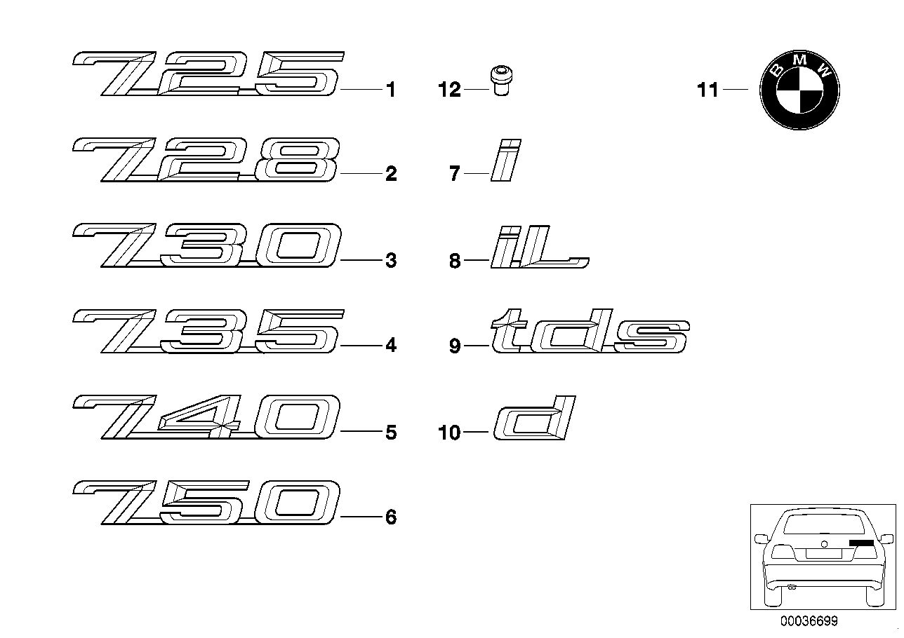 Genuine BMW 51148136271 E38 Emblem Adhered Rear "735" (Inc. 735i & 735iL)