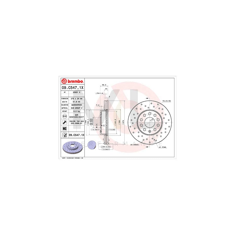 BREMBO 09.C547.1X Brake Disc Perforated, Perforated / Vented, Coated, High-carbon, with bolts/screws | ML Performance Car Parts