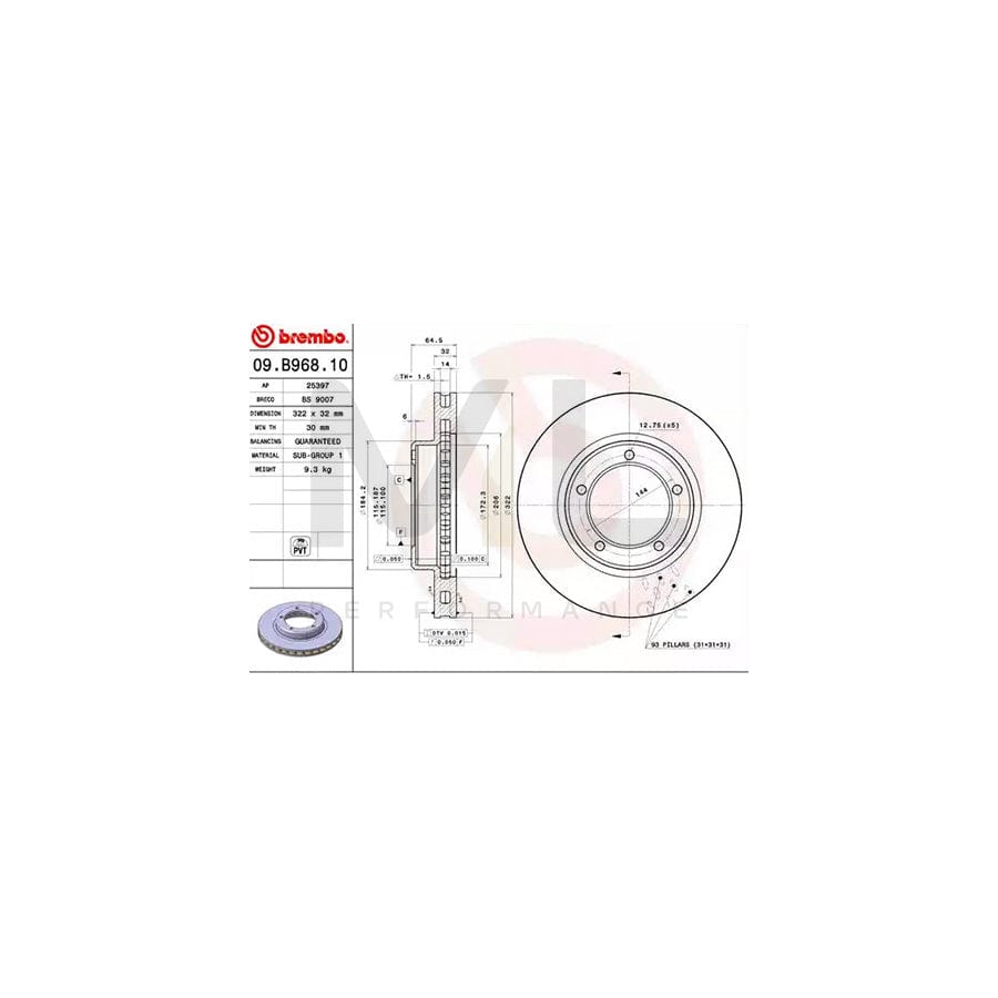 BREMBO COATED DISC LINE 09.B968.11 Brake Disc for TOYOTA LAND CRUISER Internally Vented, Coated | ML Performance Car Parts