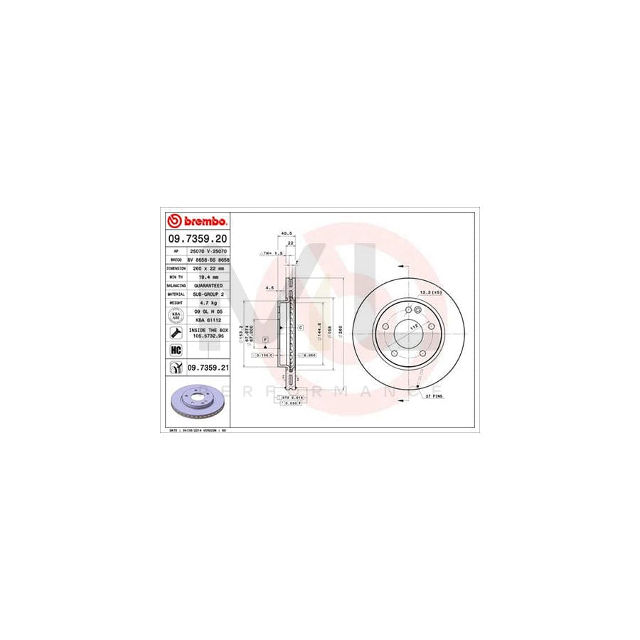 BREMBO 09.7359.20 Brake Disc suitable for MERCEDES-BENZ A-Class (W168) Internally Vented, High-carbon, with bolts/screws | ML Performance Car Parts