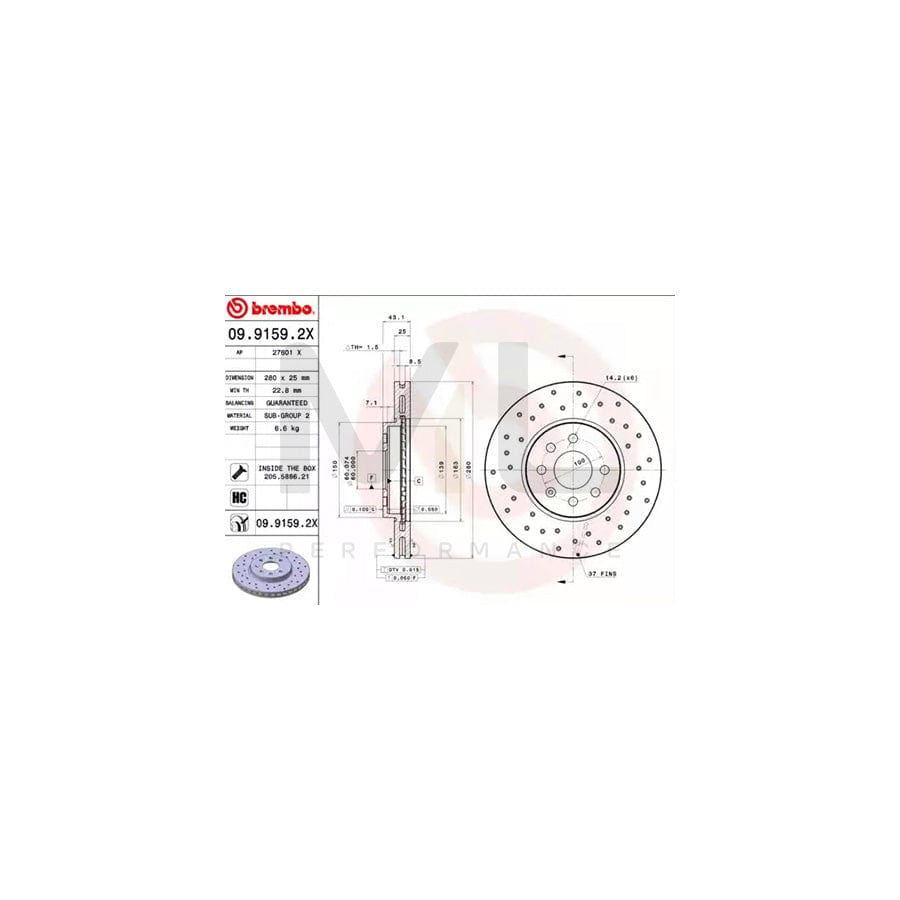 BREMBO XTRA LINE 09.9159.2X Brake Disc Perforated / Vented, Coated, High-carbon, with bolts/screws | ML Performance Car Parts
