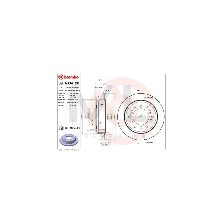 BREMBO COATED DISC LINE 09.A334.21 Brake Disc Internally Vented, Coated | ML Performance Car Parts