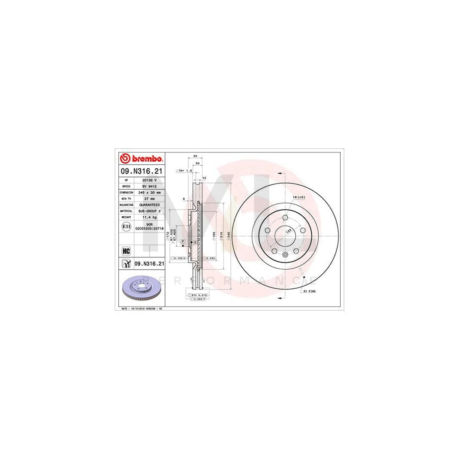 BREMBO 09.N316.21 Brake Disc Internally Vented, Coated, High-carbon | ML Performance Car Parts