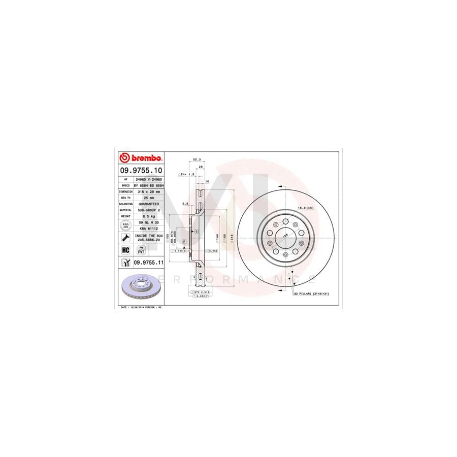 BREMBO COATED DISC LINE 09.9755.11 Brake Disc Internally Vented, Coated, High-carbon, with bolts/screws | ML Performance Car Parts