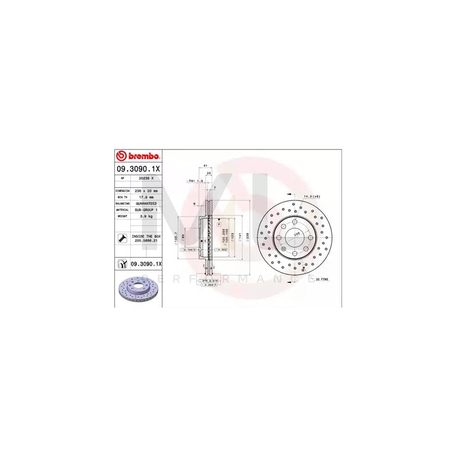 BREMBO XTRA LINE 09.3090.1X Brake Disc Perforated / Vented, Coated, with bolts/screws | ML Performance Car Parts