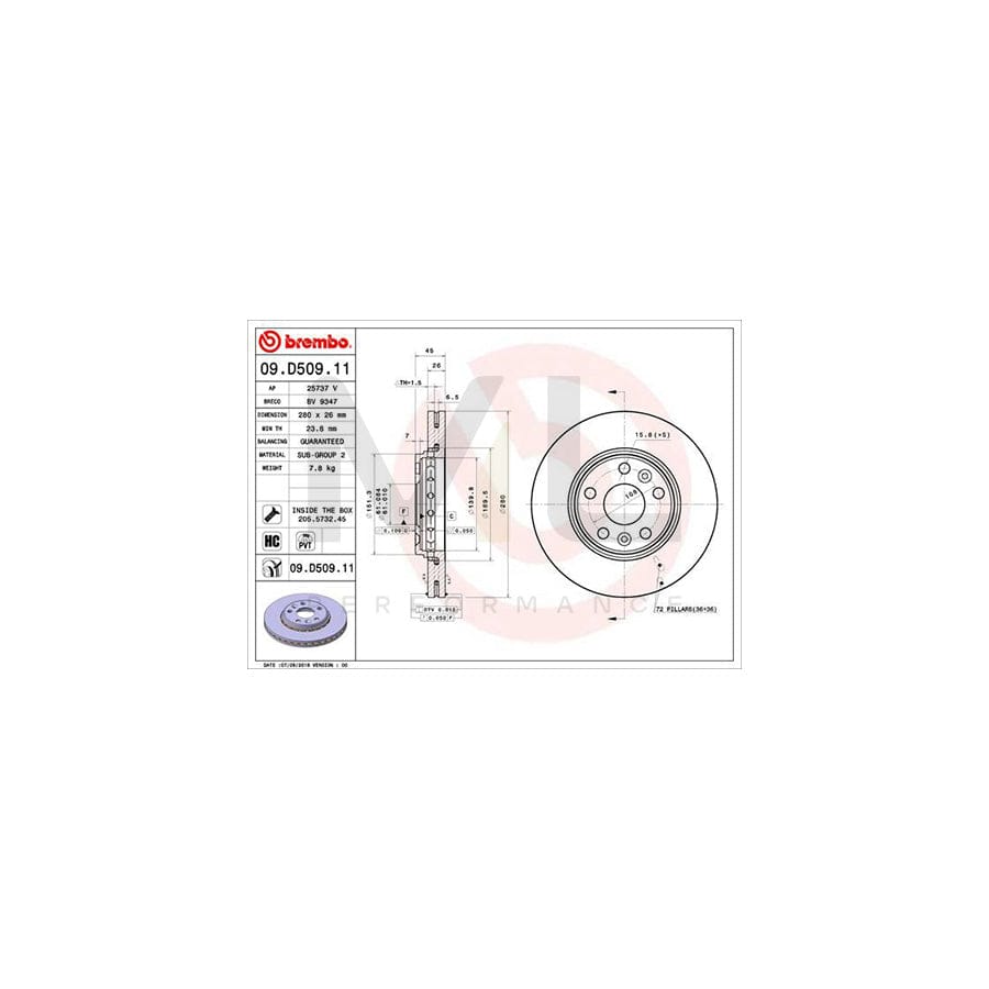 BREMBO 09.D509.11 Brake Disc Internally Vented, Coated, High-carbon, with bolts/screws | ML Performance Car Parts